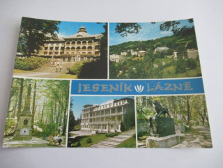 Lázně Jeseník - Priessnitzovo sanatorium, pohled na lázeňské budovy, český památník, lázeňský dům Bezruč, Maďarský památník