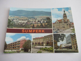 Šumperk - celkový pohled, radnice, hotel Sport, náměstí Kl. Gottwalda, obchodní dům Jednoty