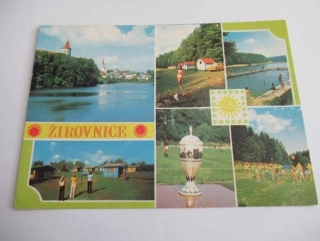 Žirovnice - pohled přes rybník, chatkový tábor ,,Budín", autocamping, Budín, Perleťový pohár, pionýrský tábor ,,Jitřenka"