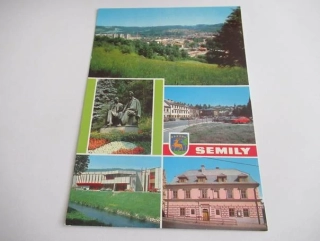 Semily - celkový pohled, pomník A. Staška a I. Olbrachta, náměstí Klementa Gottwalda, kulturní dům, muzeum