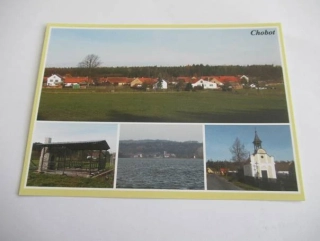 Chobot - celkový pohled, posezení u hřiště, pohled na Chobot, Kaple