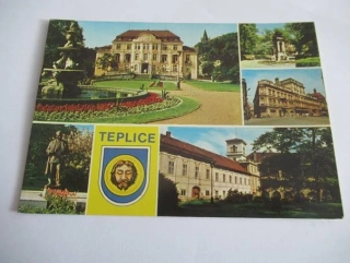 Teplice - Kamenné lázně, Kolostujova kašna, hotel Thermia, Socha presidenta Kl. Gottwalda, zámek