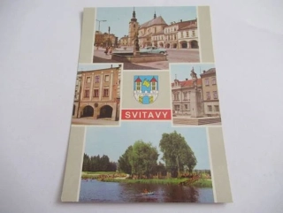 Svitavy - náměstí Míru, dům s bustou Suvorova, památník osvobození, kopupaliště