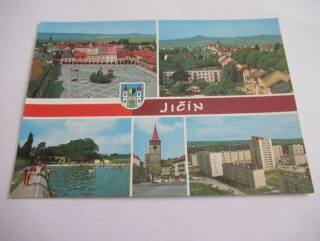 Jičín - Gottwaldovo náměstí, pohled na město, koupaliště, Valdická brána, nová výstavba