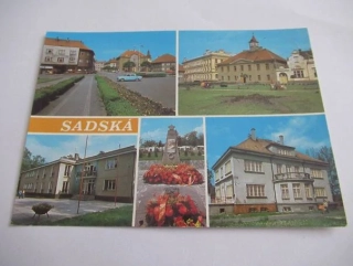 Sadská - Palackého náměstí, radnice, učňovská škola, památník Osvoboditelů, dětská léčebna