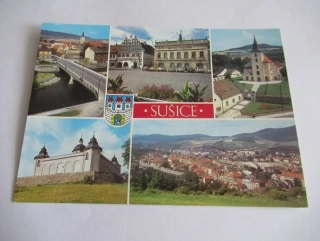 Sušice - pohled na město, hotel Fialka, kostel sv. Václava, barokní kaple Anděla strážce, celkový pohled