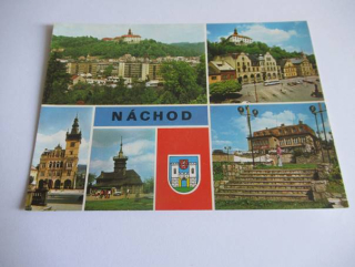 Náchod - pohled na město, náměstí VŘSR, Novorenesanční radnice, Jiráskova chata na Dobrošově, hotel Vyhlídka